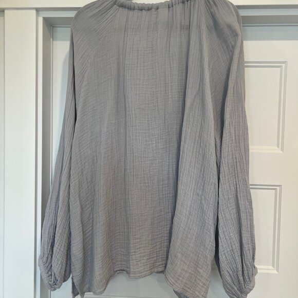 H&M Women Size XL Blue Gauze Oversized Solid V Neck Balloon Sleeve 100% Cotton B - Picture 9 of 9